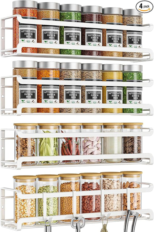 Bunoxea Spice Rack Wall Mounted 4 Pack, White,11.41x2.75x2.75in | 4 Removalble Hooks,Screw or Adhesive Hanging,Space-Saving,For Kitchen Cabinet, Pantry Door,Stove,RV by Bunoxea
