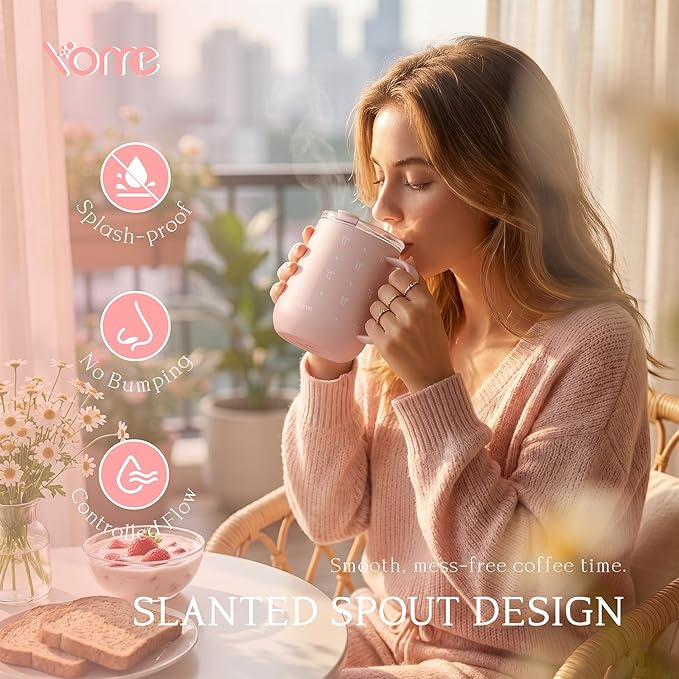 YOME 10oz Bow Light Pink Insulated Coffee Mug with Handle for Women | Ceramic Lined Coffee Mug with Splash-Resistant Lid| Pure Taste Stainless Steel Coffee Cup | Easy to Clean | Keeps Drinks Cold - Image 2