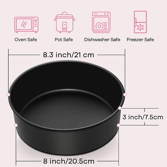 Herogo 8 Inch Cake Pan Set of 2, Stainless Steel Black Nonstick 3'' Deep Round Baking Pan, for Birthday Wedding Layer Cake Bakeware, Non Toxic, Oven & Dishwasher Safe - Image 2