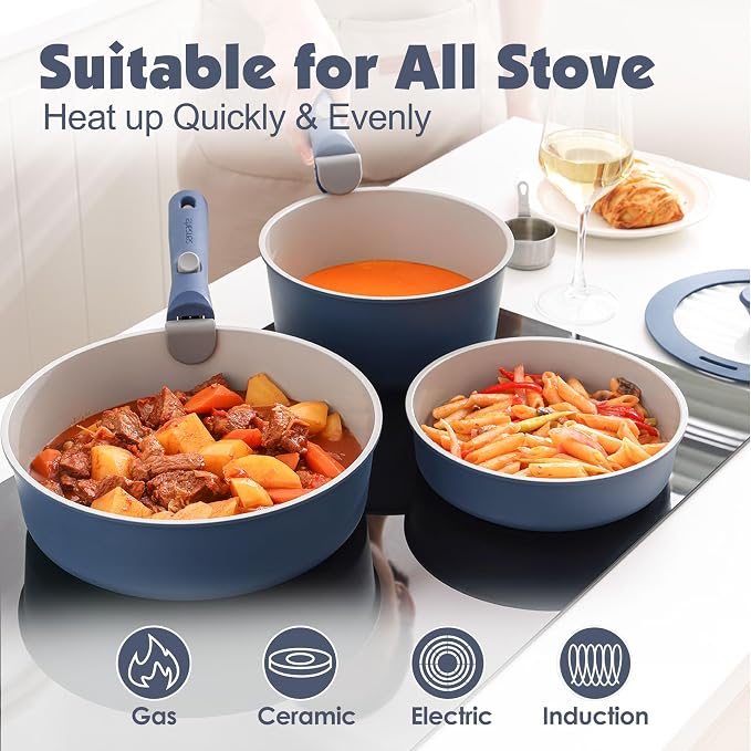 SENSARTE 24 Piece Ceramic Detachable Handle Pots and Pans Set Navy | Ceramic Cookware Set, Induction Cookware Set with Removable Handle, Healthy Non Stick for RV, Dishwasher ＆ Oven Safe - Image 6