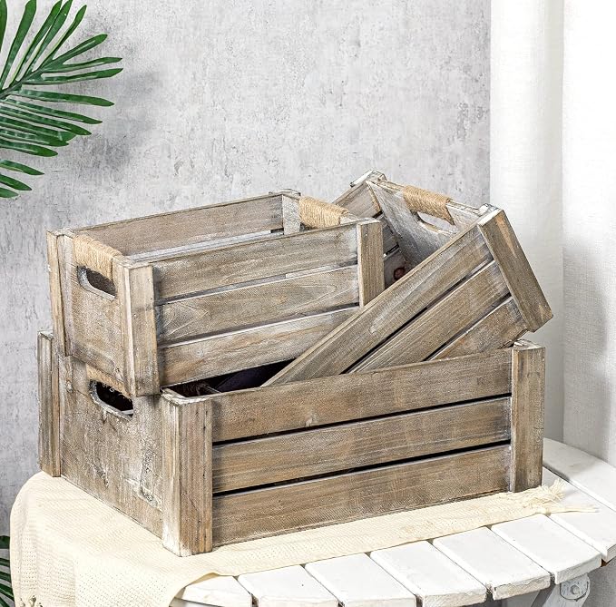 TIMRIS Set of 3 Rustic Wood Nesting Crates, Farmhouse Wooden Storage Container Boxes with Cutout Handles, Decorative Wooden Baskets for Display (Rustic Gray) - Image 2