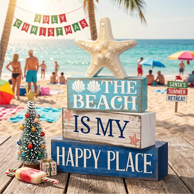 Moucuny 4 Pcs Summer Table Decoration Beach Tiered Tray Decor Starfish Coastal Rustic Wooden Block Sign Gifts Blue and White Ocean Centerpieces Farmhouse Beach Nautical Decor for Home Shelf Mantel - Image 2