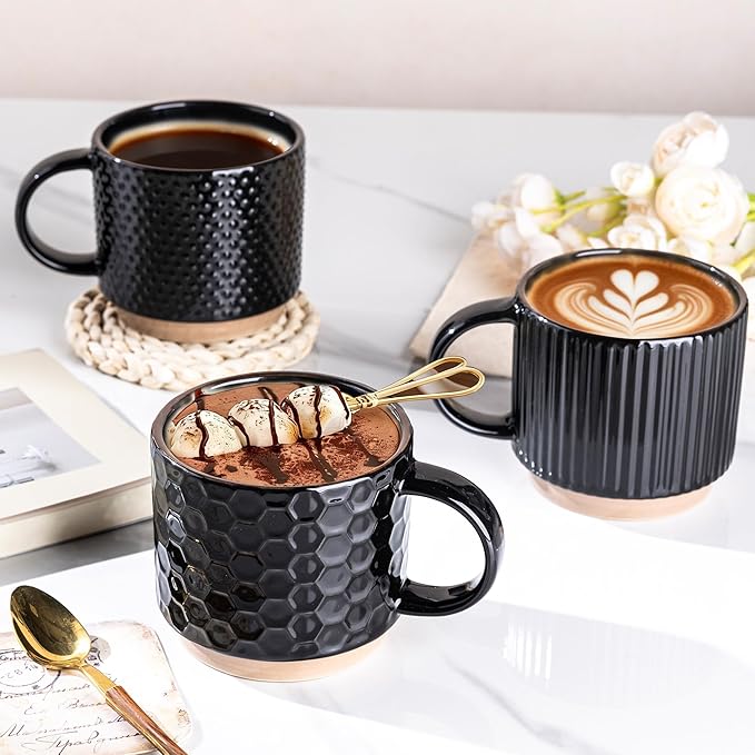 GBhome 12 OZ Stackable Coffee Mugs Set of 4, Ceramic Black Coffee Cups Set | 4 Assorted Designs, Embossed Mugs with Texture Patterns for Tea/Coffee, Dishwasher&Microwave Safe, Black - Image 6