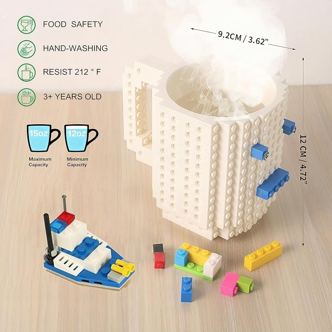 Lumsburry Build-on Brick Coffee Mug, Funny DIY Unique Novelty Drinking Cup | Building Blocks Creative Mug, for Men Women Kids Dad Mom, Present Exchange Ideas, Xmas Birthday White Elephant(White) - Image 2