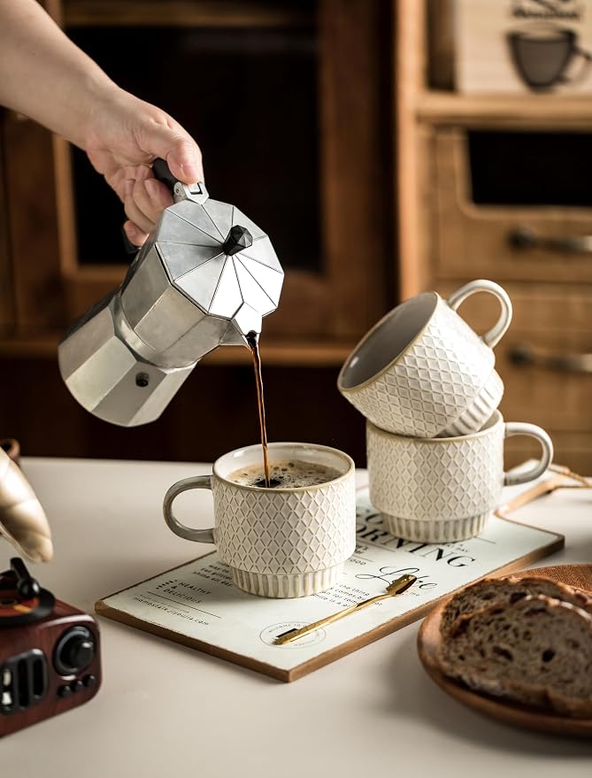 Gomakren Coffee Mugs Set of 4 Ceramic Coffee Cup with Stand, Creamy White | 13oz Stackable, Embossed Grid Mugs, Black Metal Rack, Lead-Free Dishwasher Safe, with Gold Spoons for Home Coffee Bar - Image 6