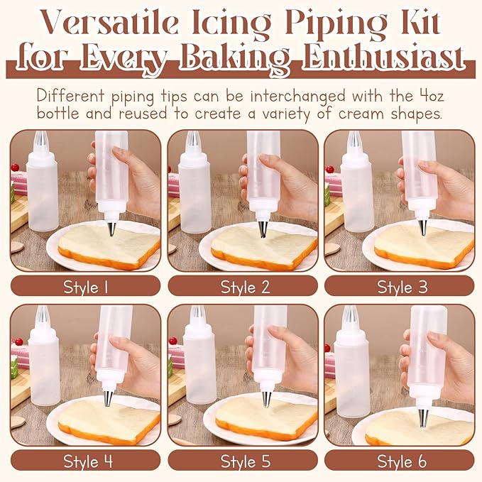 LemonRoad 4 Pcs Plastic Squeeze Bottles with 6 Different Piping Tips for Cookie Icing Piping Kit Pancake Decorating Supplies Squeezing Applicator Writer for Food Arts(4 oz)