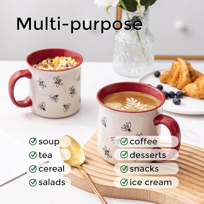 AmorArc 22 OZ Large Ceramic Coffee Mugs, Oversized Soup Cups With Big Handle for Men Women Dad Mom, Big Mug With Textured Bees Patterns for Office & Home -Microwave Safe, 2 Pcs-Red - Image 5