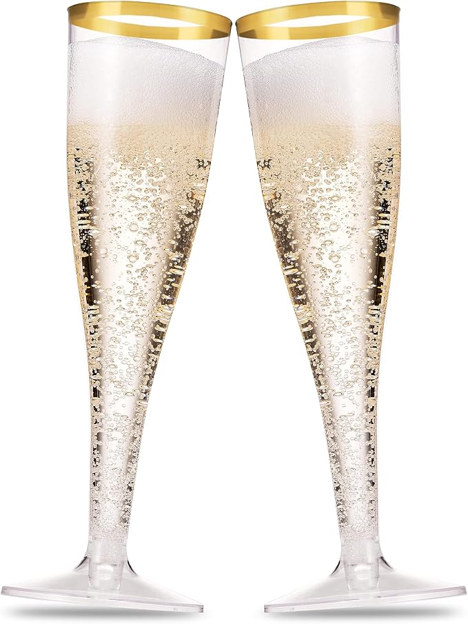 Munfix 100 Pack Gold Plastic Champagne Flutes, 5 Oz Clear Plastic Toasting Glasses Fancy Disposable Wedding Party Cocktail Cups with Gold Rim by Munfix