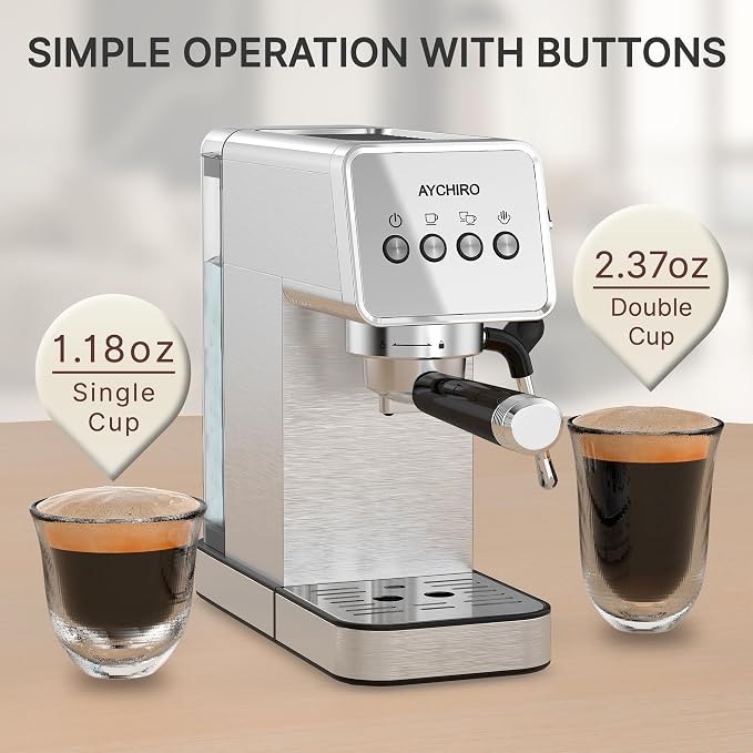 AYCHIRO 20-Bar Espresso Machine with Milk Frother, Professional Espresso Coffee Machine for Home, Stainless Steel Cappuccino Maker, Removable Water Tank & Drip Tray, Silver - Image 4