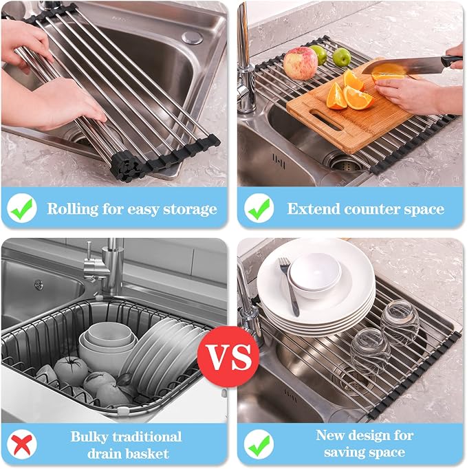 Seropy Roll Up Dish Drying Rack Over the Sink Drying Rack for Kitchen Counter, Rolling Dish Rack Over Sink Mat, Foldable Dish Drainer Stainless Steel Rack Kitchen Organization Gadgets 17.5"x11.8" - Image 6
