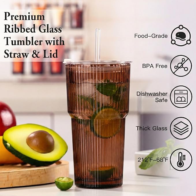 6PCS Venus Ribbed Glass Cups with Lids and Straws, 20oz Brown Vintage Drinking Glasses, Aesthetic Iced Coffee Cups, Glass Tumbler for Boba, Beer, Tea, Cocktails, Brown Ribbed Glassware Set (Venus-6) - Image 2