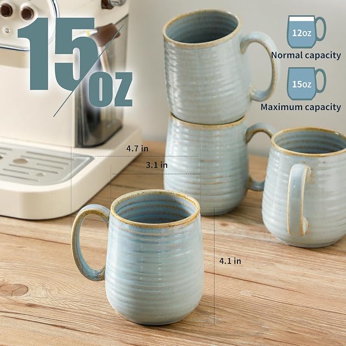 HASENSE Coffee Cups Ceramic, 12 Oz Reactive Glaze Coffee Mugs Set of 4, Large Tea Cup with Handle for Women and Men Gift, Dishwasher & Microwave Safe, Light Blue - Image 3