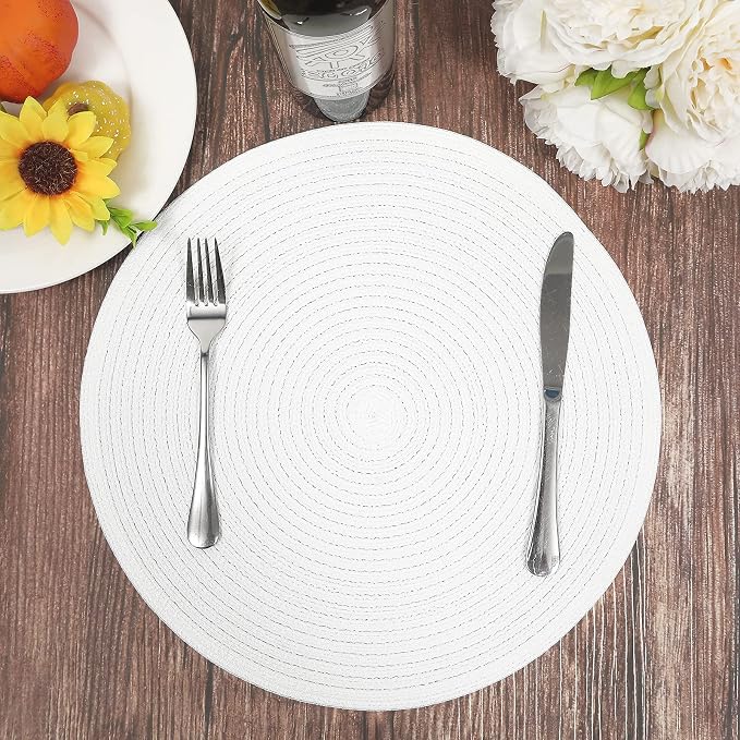 SHACOS Round Braided Placemats Set of 6 Round Table Mats for Dining Table 15 inch Washable Cotton Polyester Place Mat (White, 6) - Image 7