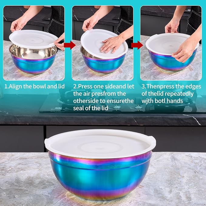 4 Piece Rainbow Mixing Bowls with Lids for Kitchen, Stainless Steel Mixing Bowls Set Ideal for Baking, Prepping, Cooking and Serving Food, Nesting Metal Mixing Bowls for Space Saving Storage - Image 3