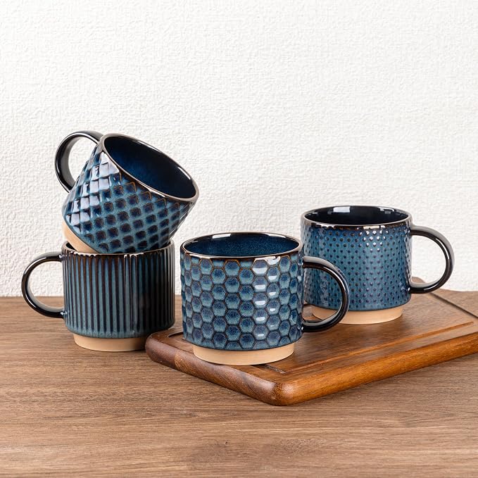 GBhome 12 OZ Stackable Coffee Mugs Set of 4, Ceramic Coffee Cups Set | 4 Assorted Designs, Embossed Mugs with Texture Patterns for Tea/Coffee, Dishwasher&Microwave Safe, Deep Blue by GBhome