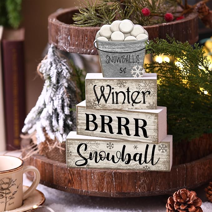 Moucuny 4 Pcs Winter Table Decorations Winter Tiered Tray Decor Christmas Table Centerpiece Rustic Decorative Snowball Snow Bucket Block Sign Farmhouse Christmas Decorations for Home Kitchen Shelf - Image 3