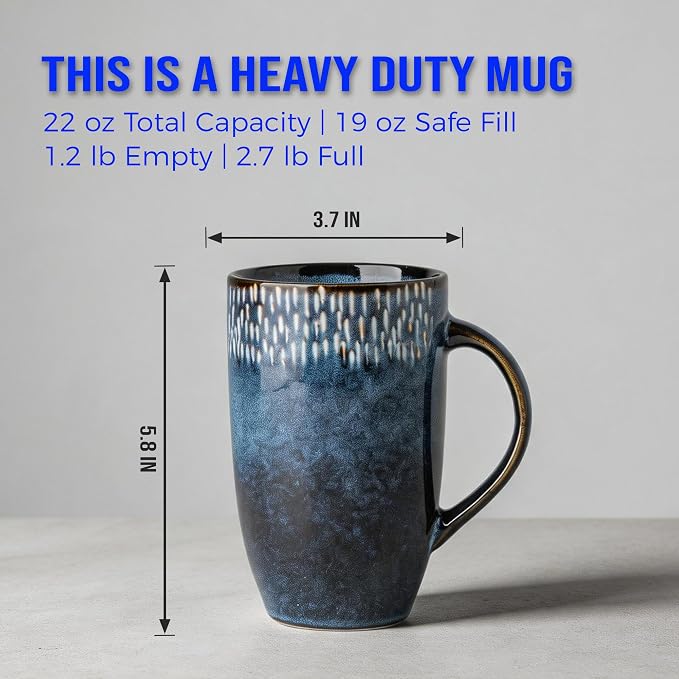 22oz Oversized Heavyweight Ceramic Coffee Mug, Large (Blue) | 22oz Extra Large, Oversized Heavyweight Ceramic, Reactive Glaze, Microwave & Dishwasher Safe, Prop 65 Compliant, Gift Box - Image 6