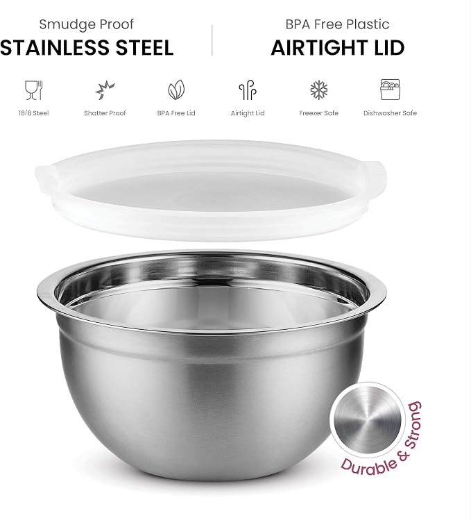FineDine Stainless Steel Mixing Bowls Set with Lids, Home Kitchen Cooking Essentials Household Must Haves for Baking, 5 Pieces - Image 3