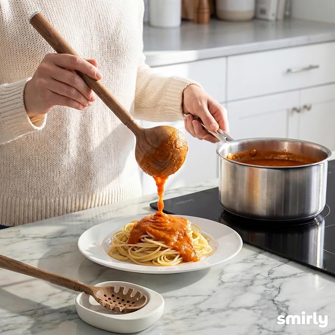 SMIRLY Acacia Wooden Utensil Set with Ceramic Holder & Spoon Rest,12-Piece | Non-Scratch Wooden Spoons for Cooking, Comfortable Grip Luxury Kitchen Gifts for Serving, Nonstick Cookware and Housewarming - Image 8