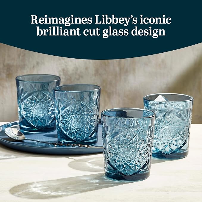 Libbey Hobstar Double Old Fashioned Glasses, Blue Colored Cut Glass Drinking Glasses Set of 4, Durable, Vintage Whiskey Glasses for Cocktail, Drinks - Image 2