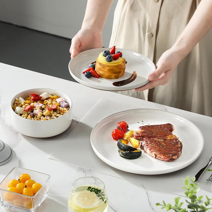 MALACASA Plates and Bowls Sets, 24 Pieces Modern Ceramic Dinnerware Set for 8 Kitchen Stoneware Dishes Dishware Set Microwave and Dishwasher Safe, White, Series TARA - Image 7
