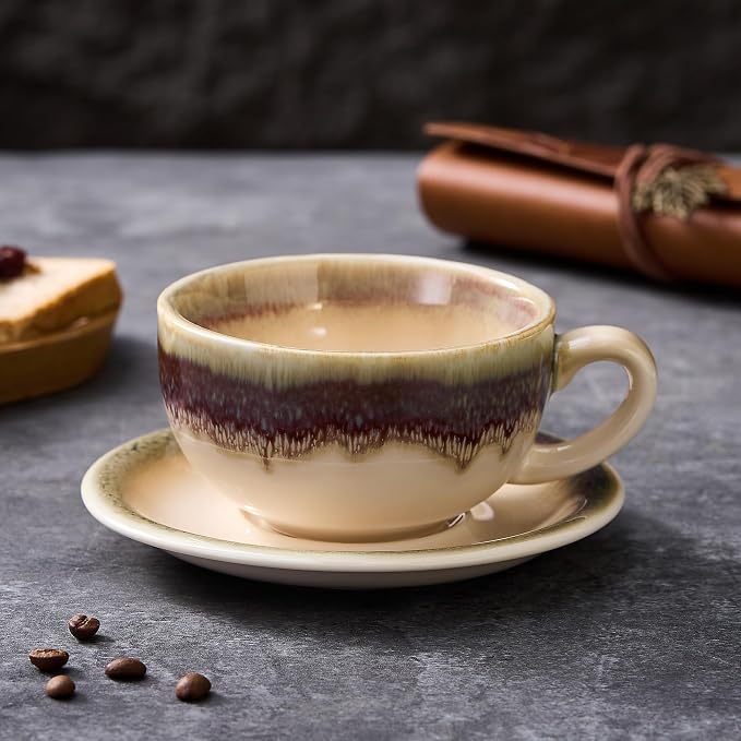 Coffeezone Vintage Design 12 oz Ceramic Latte Art Cappuccino Barista Cup with Saucer (Brown) - Image 2