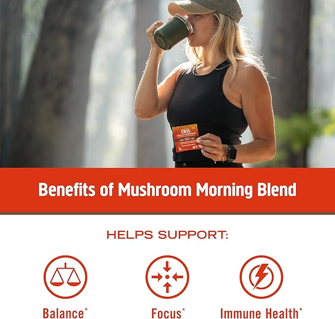 OM MUSHROOM SUPERFOOD Morning Energy Blend – Caffeine-Free Powder with Cordyceps, Lion’s Mane, Rhodiola & Vitamin D2 – Supports Energy, Focus & Endurance – 8.47 oz Canister (30 Servings)