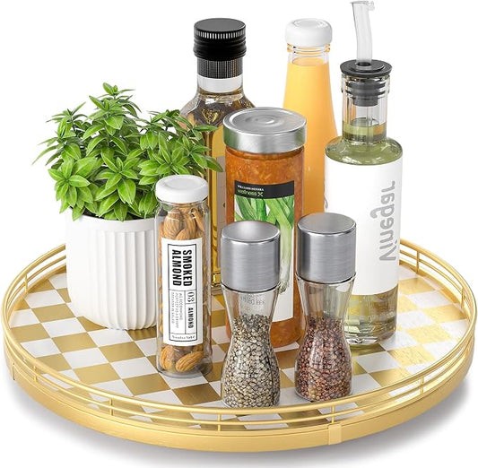 AMH 13-Inch Gold and White Checkerboard Lazy Susan with Rubberwood Base | Smooth rotating oak tray with walnut finish for dining tables, kitchen counters, pantries and cabinet storage. by AMH