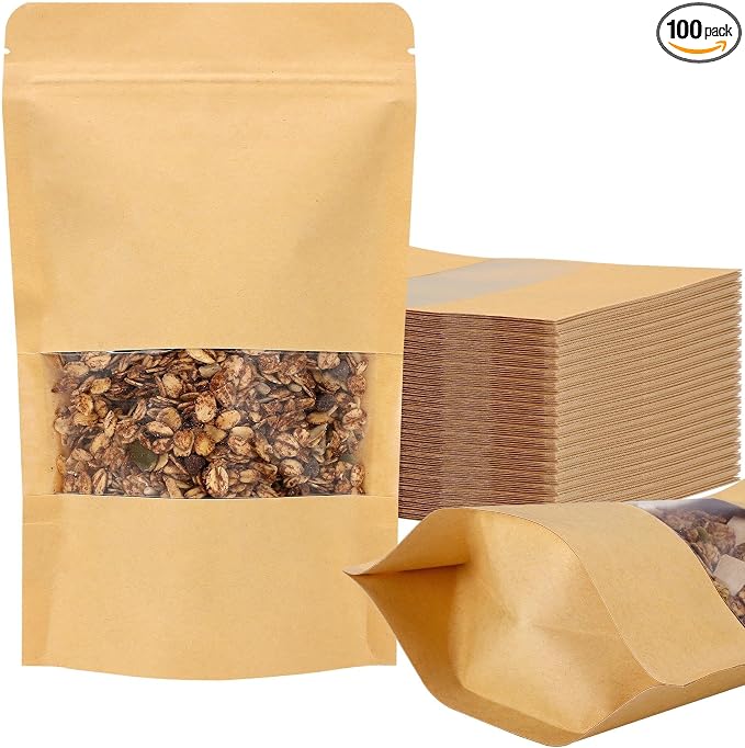 100 Pcs Kraft Paper Resealable Bags for Small Business (4 X 6.3 Inches) | Heat Sealable Zip Lock Stand Up Pouches with Clear Window for Food Storage, Samples, Party Favors by EgticLive