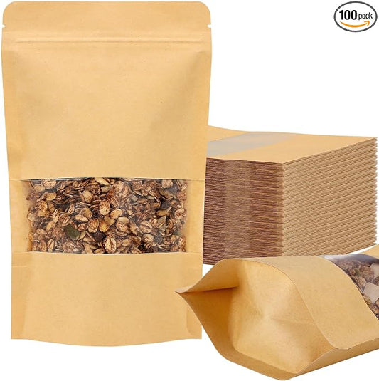 100 Pcs Kraft Paper Resealable Bags for Small Business (4 X 6.3 Inches) | Heat Sealable Zip Lock Stand Up Pouches with Clear Window for Food Storage, Samples, Party Favors by EgticLive