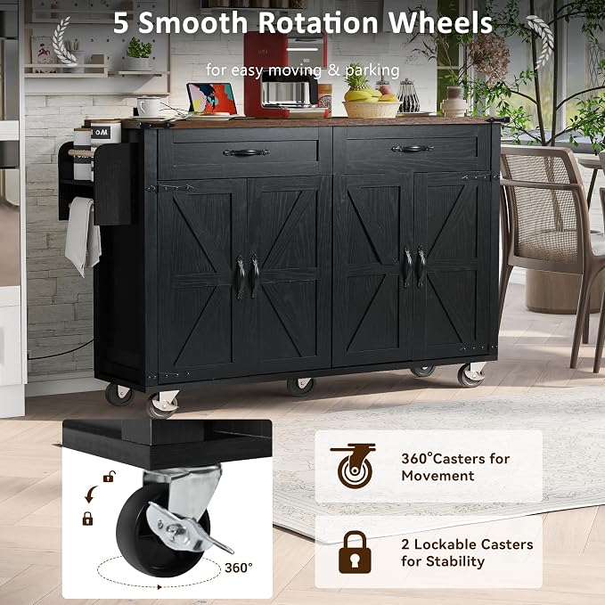 Farmhouse Rolling Kitchen Island with Power Outlet, Drop Leaf Breakfast Bar, Wooden Mobile Storage Island Cart on Wheels with Drawers, Spice Rack for Kitchen Dining Room (Black) - Image 4