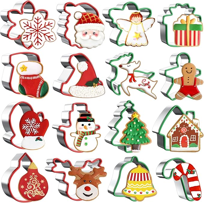 Roberly Christmas Cookie Cutters Set, 16Pcs Stainless Steel Holiday Cookie Molds with Comfort Grip for Baking Xmas Party Supplies Santa Face, Gingerbread Man, Christmas Tree, Bell, Gloves, Socks, etc