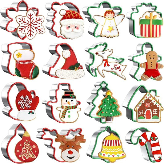 Roberly Christmas Cookie Cutters Set, 16Pcs Stainless Steel Holiday Cookie Molds with Comfort Grip for Baking Xmas Party Supplies Santa Face, Gingerbread Man, Christmas Tree, Bell, Gloves, Socks, etc