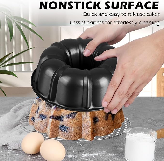 TeamFar 10 Inch Nonstick Cake Pan, 10 Cups Fluted Tube Cake Pan for Baking | Heavy Duty Carbon Steel Round Baking Tray for Making Jello/Monkey Bread/Chocoflan, Non Toxic, Easy Clean - Black - Image 4
