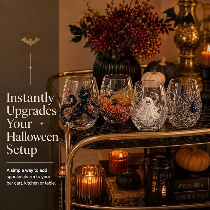 3D Halloween Artisan Glassware Collection, Premium Handleless Glass with Ghost, Pumpkin, Spider & Black Cat Gothic Style Artistic Glass Wine Goblet Designs, for Party & Cozy Fall Home Bar (B) - Image 4