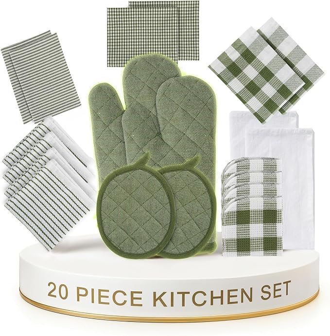 LANE LINEN Kitchen Towel and Pot Holder Sets 20 Pc - Eco Friendly Reusable Cotton Dish Towels, Soft Flour Sack Tea Towels, Absorbent Kitchen Hand Towels, Heat Resistant Oven Mitts for Cooking - Olive by LaneLinen