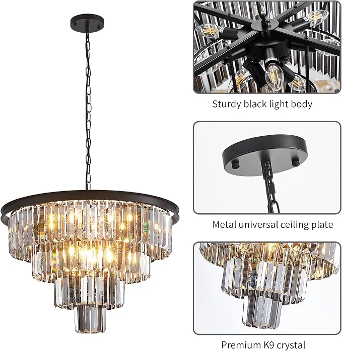 24'' Smoke Gray Crystal Chandelier Black Modern Luxury Light Fixture for Dining Room 4-Tier Round Hanging Pendant Ceiling Lighting for Entryway Foyer Living Room Bed Room Adjustable Height - Image 6