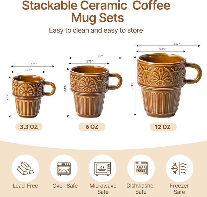 Ceramic Coffee Mug, Stackable Mug 3.3 OZ Coffee Mugs, Espresso Cups, Mugs Set of 6 for Latte Milk Hot Chocolate, for Men Women Kids, Ideal for Home Restaurant Daily Use & Holiday Gifting, Brown - Image 3