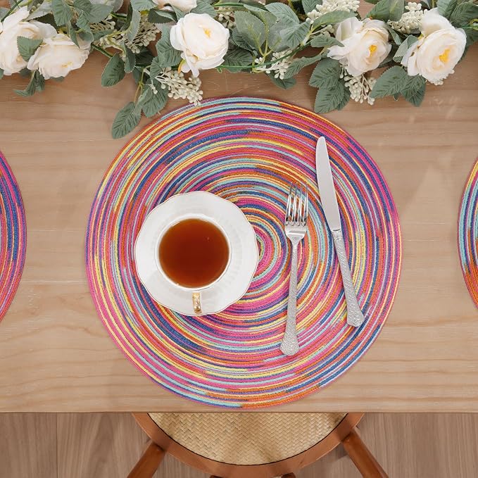 SHACOS 15 inch Round Placemats Set of 6 Variegated Multicolor Place Mats Cotton Polyester Braided Non Slip Washable Heat Resistant Table Mats for Home Wedding Dinner Party Table Decor, Rainbow Pink - Image 6