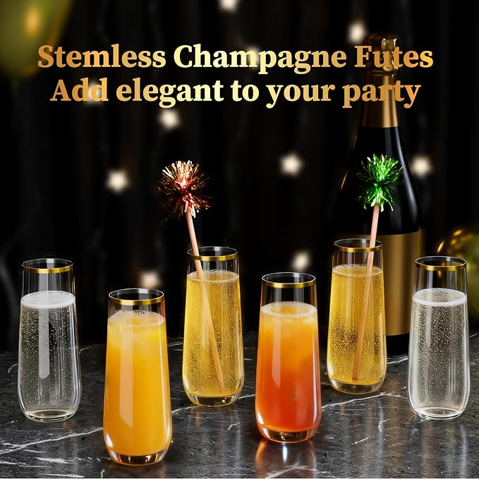 24 Pack Gold Rim Stemless Champagne Flutes, 9 oz Clear Disposable Plastic Glasses, Heavy Duty Shatterproof Recyclable Mimosa Glasses for Party Wine Tasting Wedding New Years Eve Party Supplies - Image 5