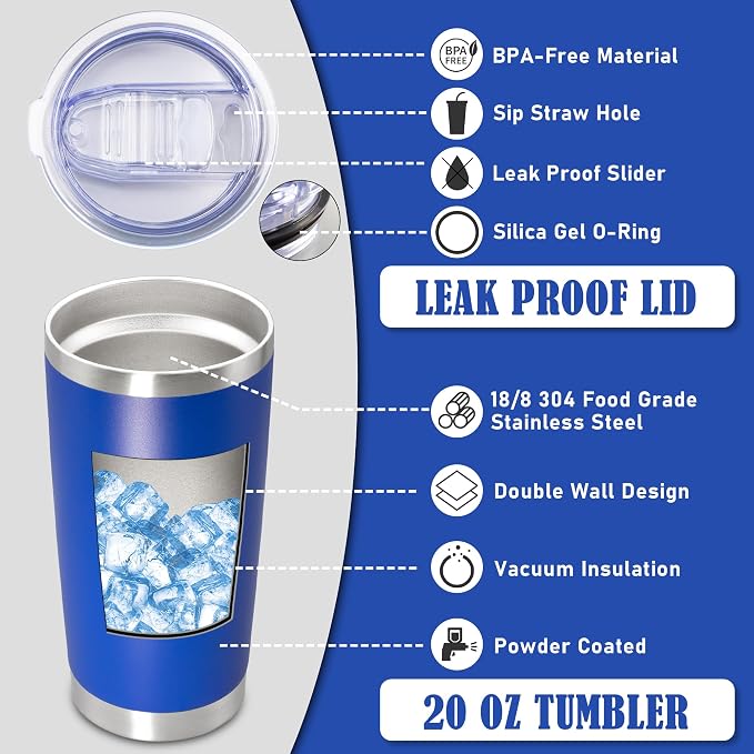 20oz Tumbler Insulated Coffee Tumblers with Lid Stainless Steel DarkBlue 8P | 20 oz Tumblers Double Wall Insulated Vacuum 20oz Coffee Mug Leak Proof Tumblers with Lid Powder Coated - Dark Blue 8 Pack - Image 3