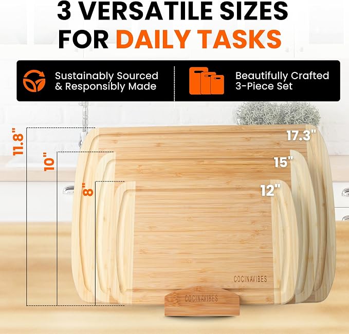 Bamboo Cutting Board Set – Charcuterie & Chopping Boards for Kitchen, Large & Small Sizes, Safe Cutting Boards for Meat, Cheese, Pizza – Home & Kitchen Gift Idea - Image 5