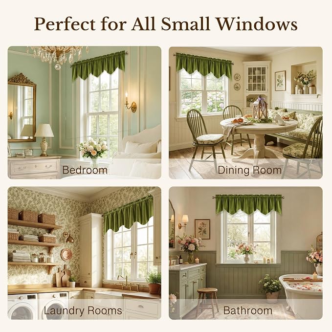 Olive Green Valance for Windows Home Decor 52x18 Inch 1 Panel | Muted Wavy Green Velvet Window Treatment, Privacy Rod Pocket Short Curtains for Kitchen, Living Room - Image 6
