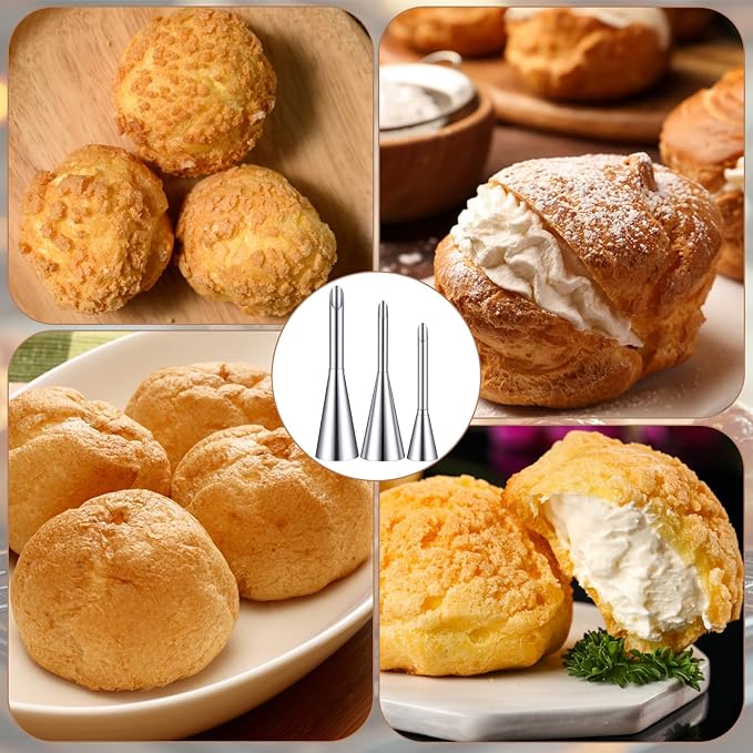 3Pcs Puff Cream Filling Piping Tips with 50 Pcs Disposable Piping Bags Stainless Steel Piping Nozzle Tips with 1 Tip Cleaning Brush Puff Pastry Filling Cake Decorating Tools for Filling Donuts Cream