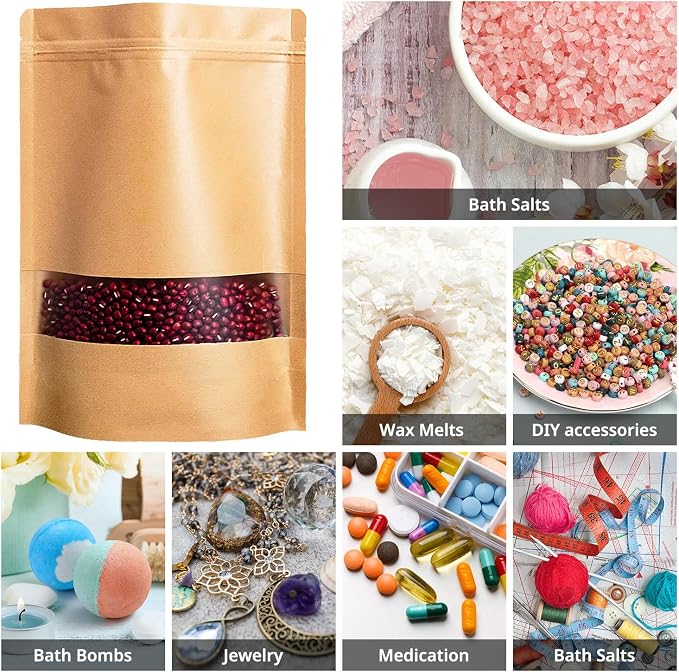 60PCS 8"X12" Kraft Paper Bags with Window,Resealable Small Stand Up Pouches for Food Storage,Reusable Zipper Lock Packaging Bags for Small Business&Personal,Candy,Cookie,Snacks,Tea,Coffee - Image 5
