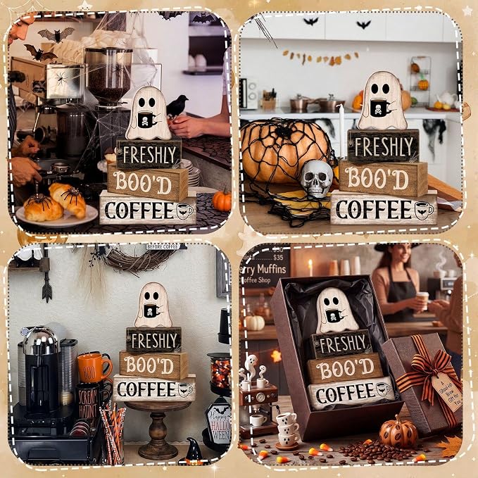 Moucuny 4 Pcs Halloween Coffee Table Decorations Cute Ghost Stacked Wooden Decor - Freshly Boo'd Coffee Halloween Tiered Tray Decor Rustic Ghost Table Centerpiece for Home Kitchen Shelf Bar - Image 6