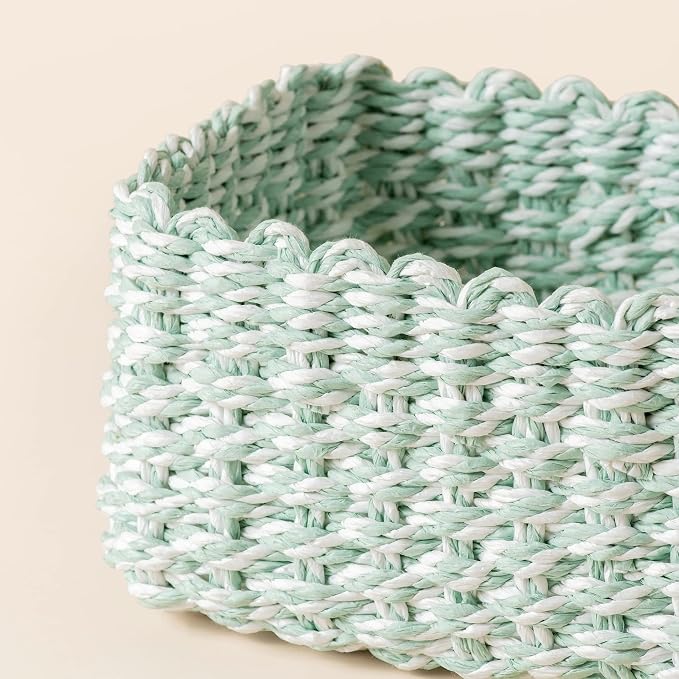 LA JOLIE MUSE Paper Rope Storage Baskets for Organizing, Recycled Wicker Storage Basket Container Bins for Shelves Cupboards Drawer, Small Woven Basket Set of 3 (Green White) - Image 6