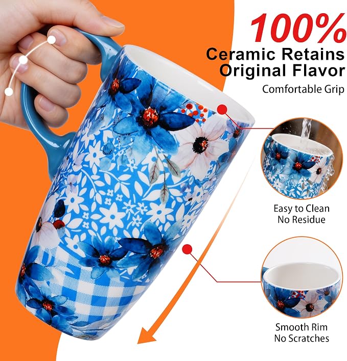 Topadorn 17oz Ceramic Travel Mug with Lid, Blue Floral Coffee Mug with Handle, Large Ceramic Travel Cup, Microwave & Dishwasher Safe, Gift Box Included - Image 4