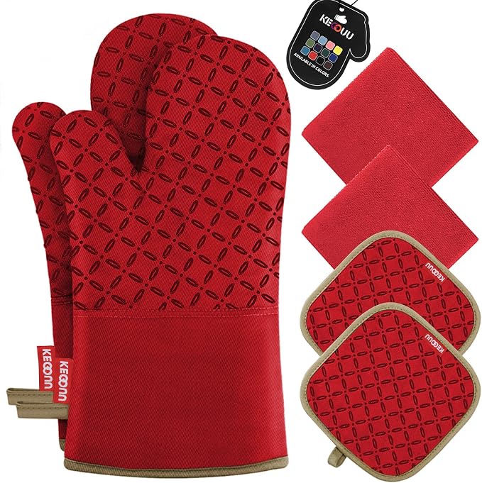 KEGOUU Oven Mitts and Pot Holders 6pcs Set, Kitchen Oven Glove High Heat Resistant 500 Degree Extra Long Oven Mitts and Potholder with Non-Slip Silicone Surface for Cooking (Red) by KEGOUUOvenMitt