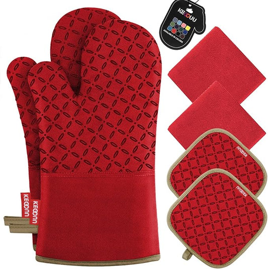 KEGOUU Oven Mitts and Pot Holders 6pcs Set, Kitchen Oven Glove High Heat Resistant 500 Degree Extra Long Oven Mitts and Potholder with Non-Slip Silicone Surface for Cooking (Red) by KEGOUUOvenMitt